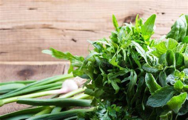 Fresh organic aromatic and culinary herbs fresh organic aromatic and culinary herbs on rural wooden table viewed from above spinach, sorrel, dill, mint, basil, parsley and cilantro on dark surface