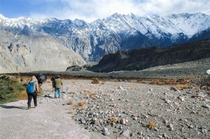 People along a trail trekking in the Himalayas