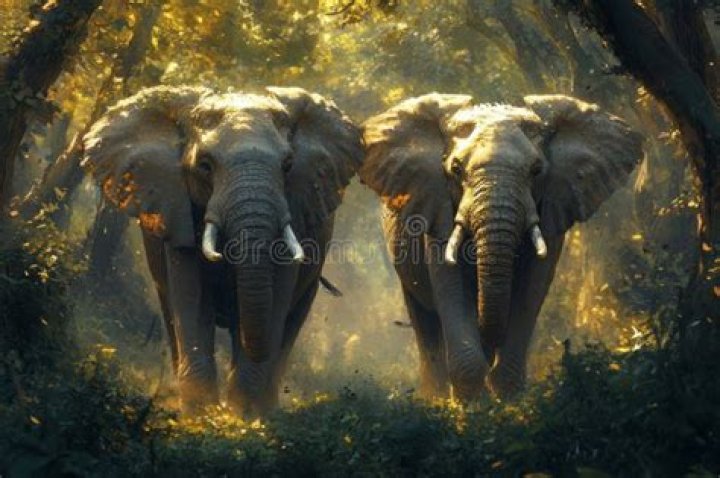 two elephants standing on green grass with pink sky
