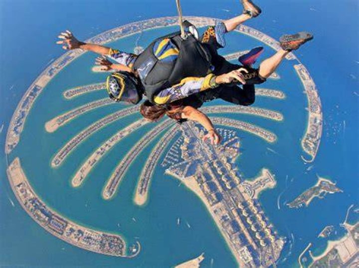 two people skydiving over dubai